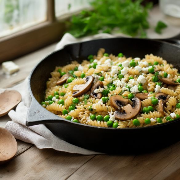 Gusseiserne Pfanne mit cremigen Kritharaki, Erbsen, goldbraunen Champignons und zerbröckeltem Feta auf Holztisch