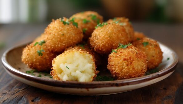 Selbst gemachte Kartoffelkroketten, außen goldbraun-knusprig und innen cremig aufgebrochen, auf einem Teller