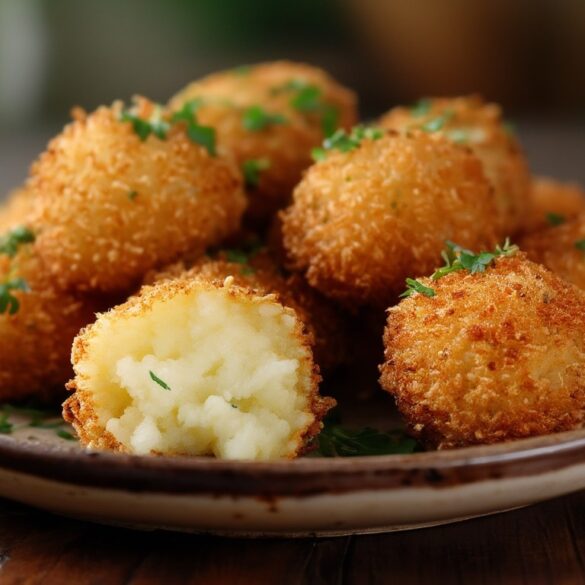 Selbst gemachte Kartoffelkroketten, außen goldbraun-knusprig und innen cremig aufgebrochen, auf einem Teller