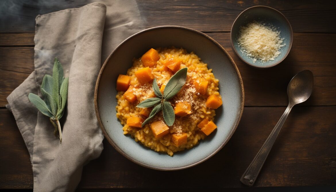 Cremiges vegetarisches Kürbisrisotto mit Hokkaido und knusprigen Salbeiblättern in einer Schüssel auf Holztisch