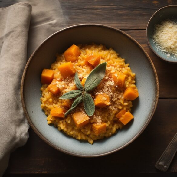 Kürbisrisotto vegetarisch: cremig mit Hokkaido & Salbei Cremiges vegetarisches Kürbisrisotto mit Hokkaido und knusprigen Salbeiblättern in einer Schüssel auf Holztisch