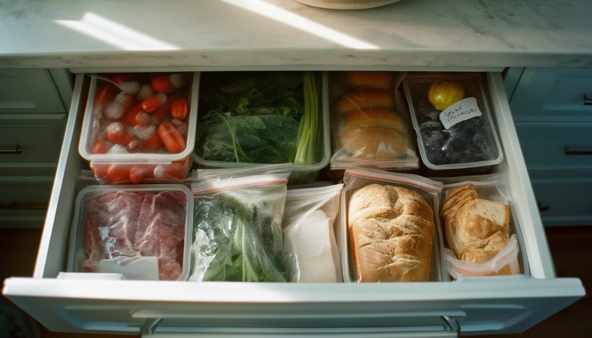Geöffnete Gefrierschublade mit beschrifteten Beuteln und Dosen voller portionierter Lebensmittel