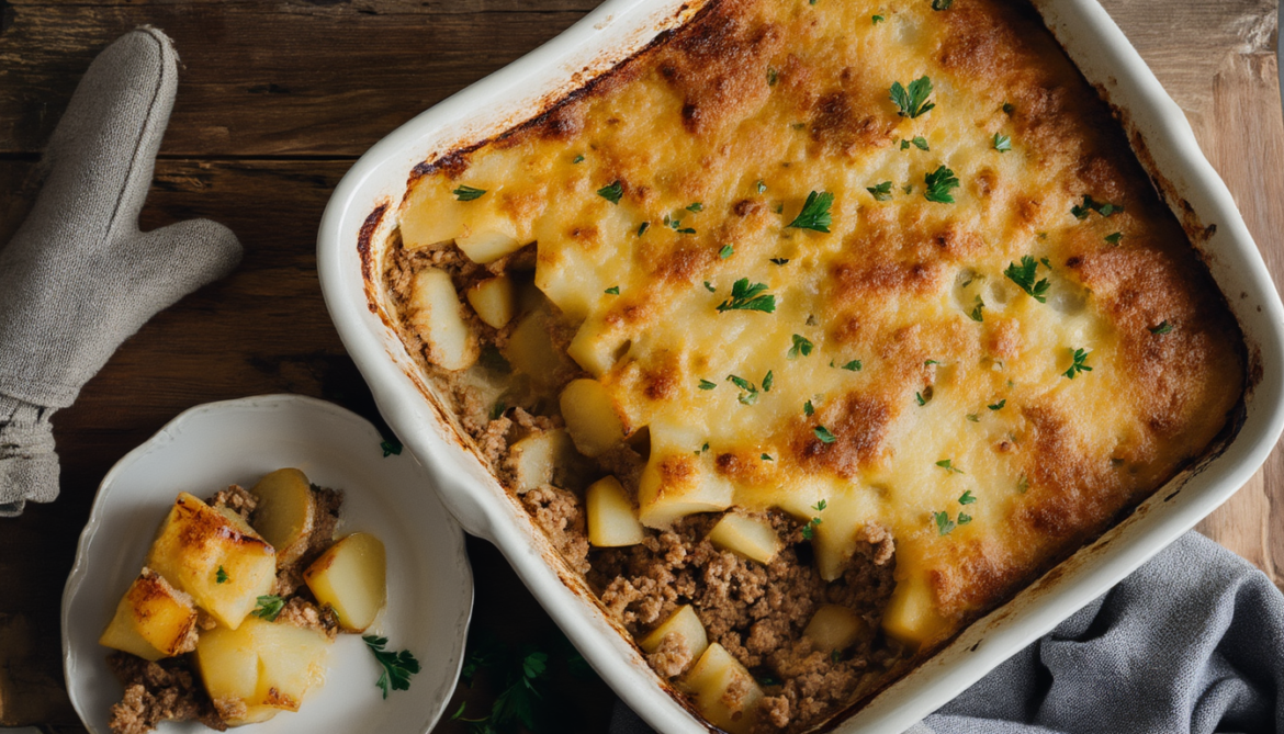Goldbraun überbackenes Gratin aus Leberkäse und Kartoffeln in einer Auflaufform, eine Portion herausgehoben mit sichtbaren Kartoffelschichten