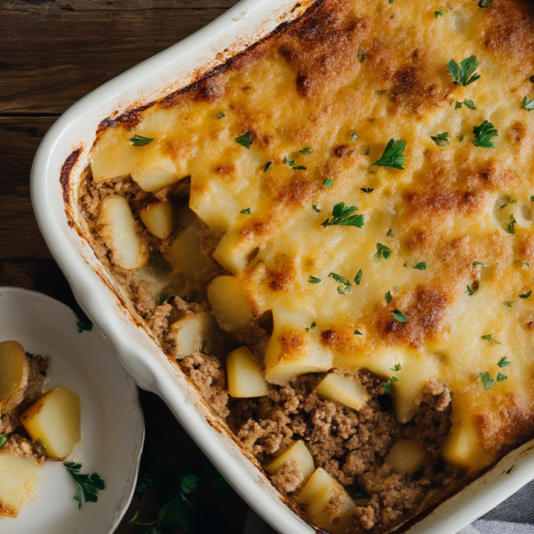 Goldbraun überbackenes Gratin aus Leberkäse und Kartoffeln in einer Auflaufform, eine Portion herausgehoben mit sichtbaren Kartoffelschichten