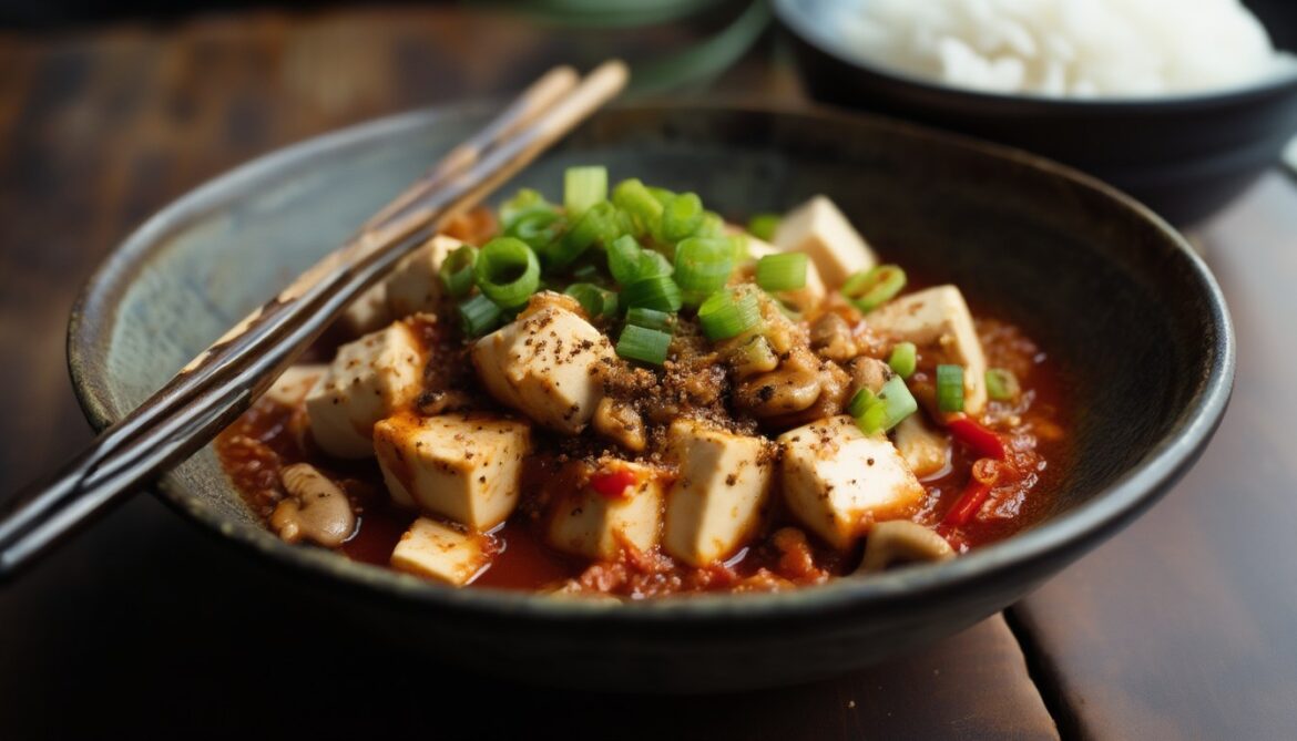Vegetarischer Mapo Tofu mit Seidentofu und Shiitake in scharfer roter Sichuan-Sauce, garniert mit Frühlingszwiebeln