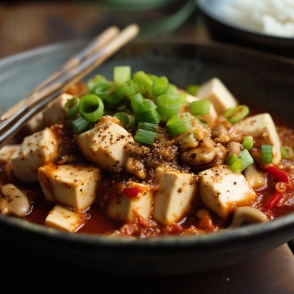 Mapo Tofu vegetarisch: würzig-scharfe Sichuan-Pfanne Vegetarischer Mapo Tofu mit Seidentofu und Shiitake in scharfer roter Sichuan-Sauce, garniert mit Frühlingszwiebeln