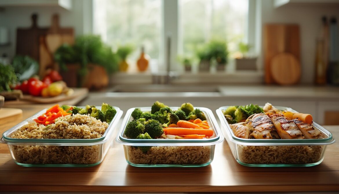 Drei Glasbehälter mit vorgekochten Meal-Prep-Bowls aus Reis, Ofengemüse und Hähnchen auf einer Küchenarbeitsplatte