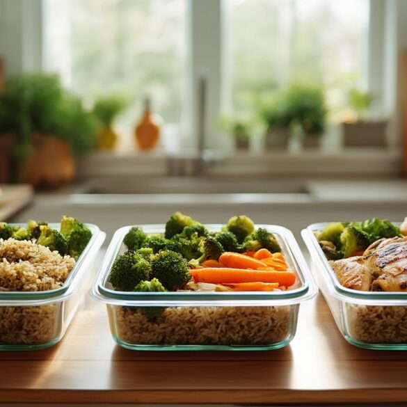 Drei Glasbehälter mit vorgekochten Meal-Prep-Bowls aus Reis, Ofengemüse und Hähnchen auf einer Küchenarbeitsplatte