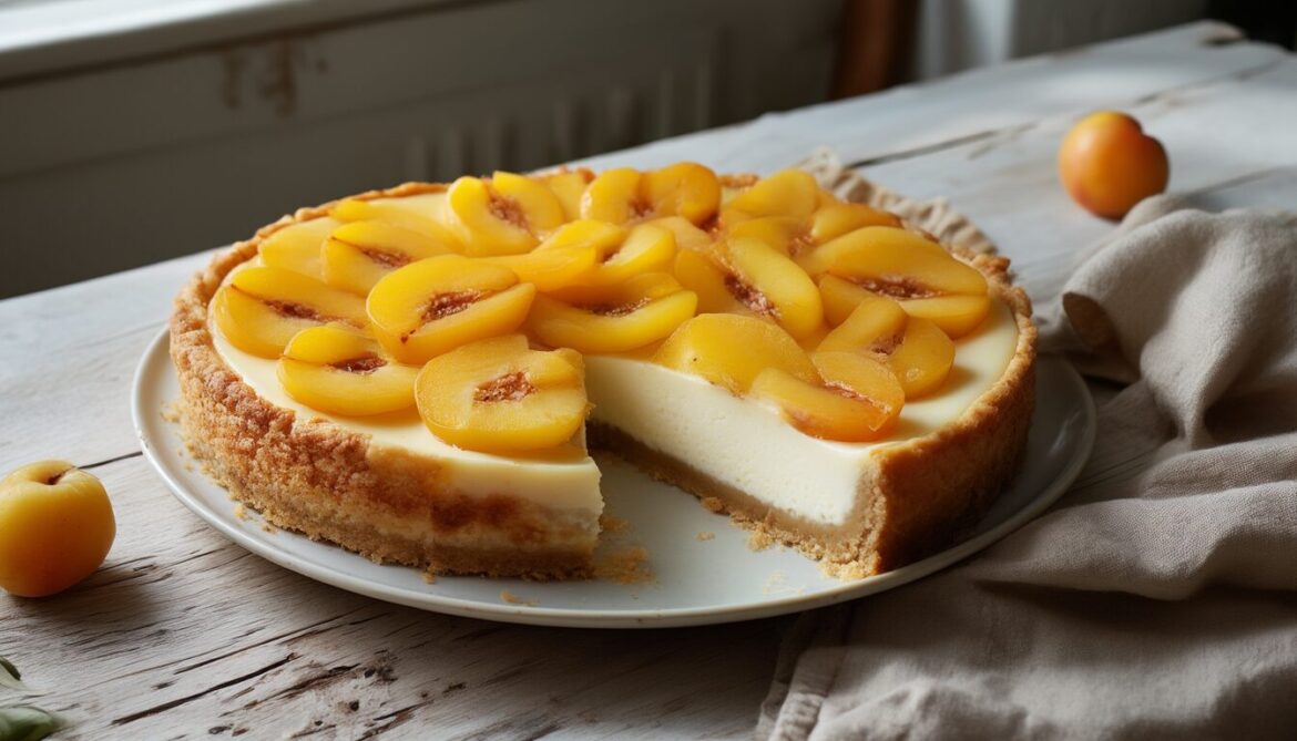 Angeschnittener Mirabellenkuchen mit Frischkäse und Quark auf mürbem Boden, daneben frische Mirabellen auf einem Holztisch