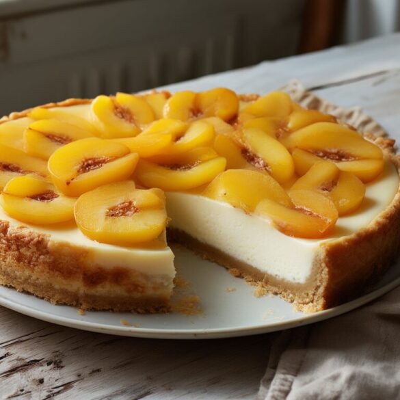 Mirabellenkuchen mit Frischkäse und Quark: saftig und ohne Risse Angeschnittener Mirabellenkuchen mit Frischkäse und Quark auf mürbem Boden, daneben frische Mirabellen auf einem Holztisch