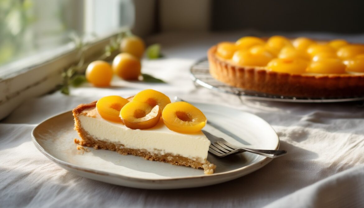 Angeschnittenes Stück Mirabellenkuchen mit Frischkäse und Quark auf einem Teller, dahinter der ganze Kuchen mit goldgelben Mirabellen