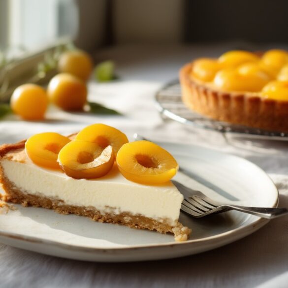 Angeschnittenes Stück Mirabellenkuchen mit Frischkäse und Quark auf einem Teller, dahinter der ganze Kuchen mit goldgelben Mirabellen