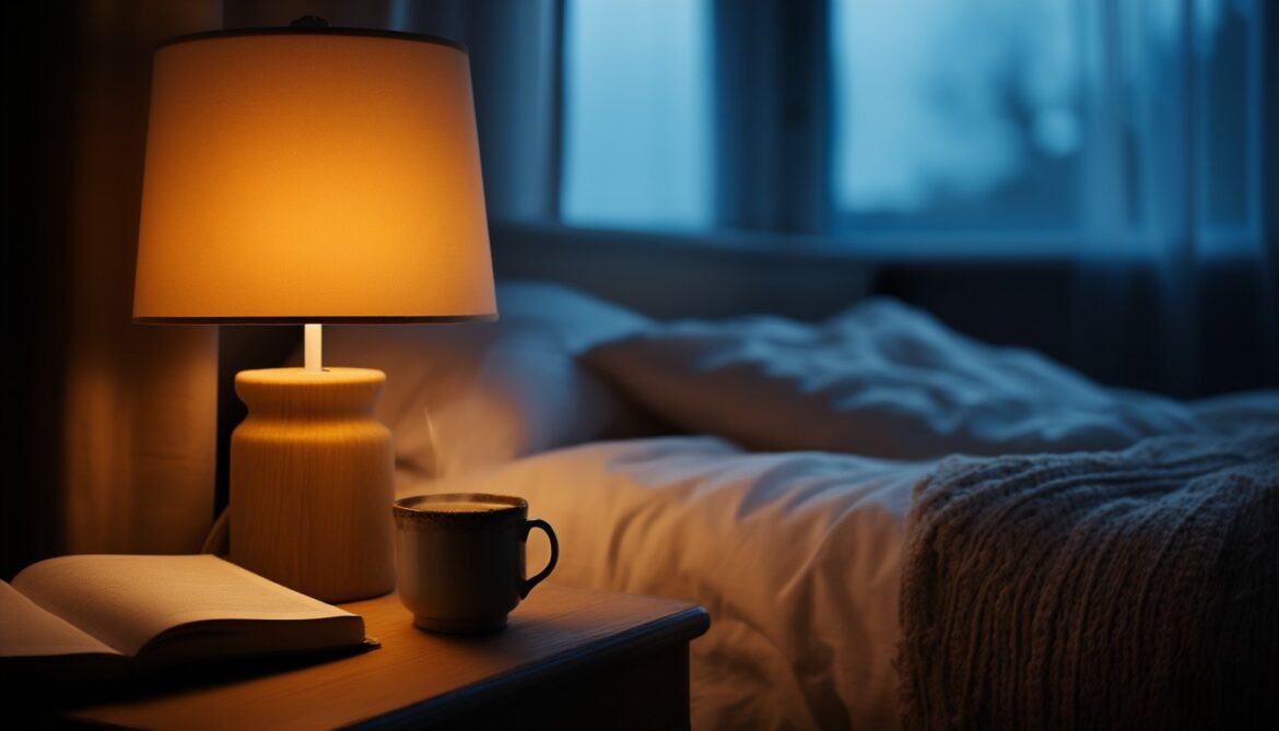 Nachttisch mit warm leuchtender Lampe, aufgeschlagenem Buch und einer Tasse Kräutertee vor einem gemachten Bett am Abend