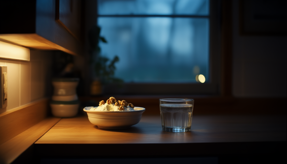 Kleine Schale Hüttenkäse mit Walnüssen und ein Glas Wasser auf der Küchenarbeitsplatte bei gedämpftem Nachtlicht