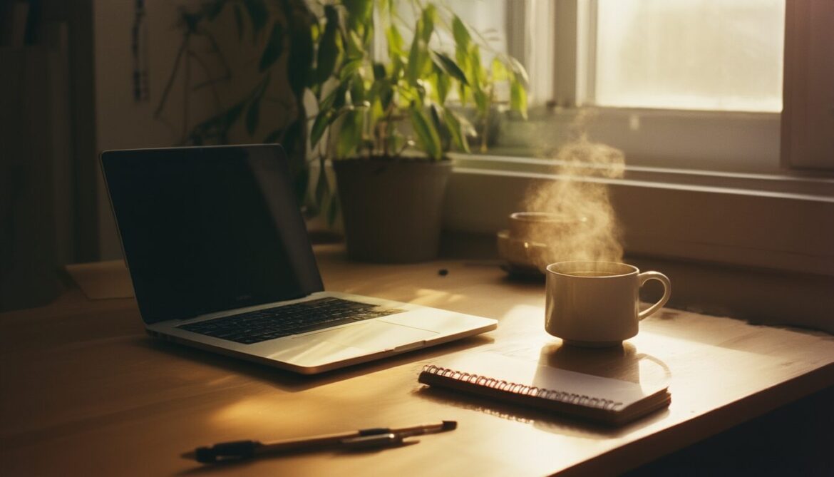 Zugeklappter Laptop auf einem aufgeräumten Schreibtisch neben Teetasse und Notizbuch im warmen Abendlicht als Zeichen für den Feierabend