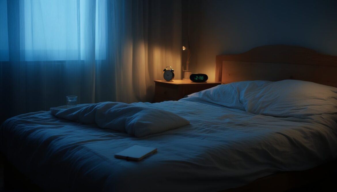 Dunkles Schlafzimmer bei Nacht mit zerwühlter Bettdecke, weggedrehtem Wecker, Wasserglas und Notizbuch auf dem Nachttisch