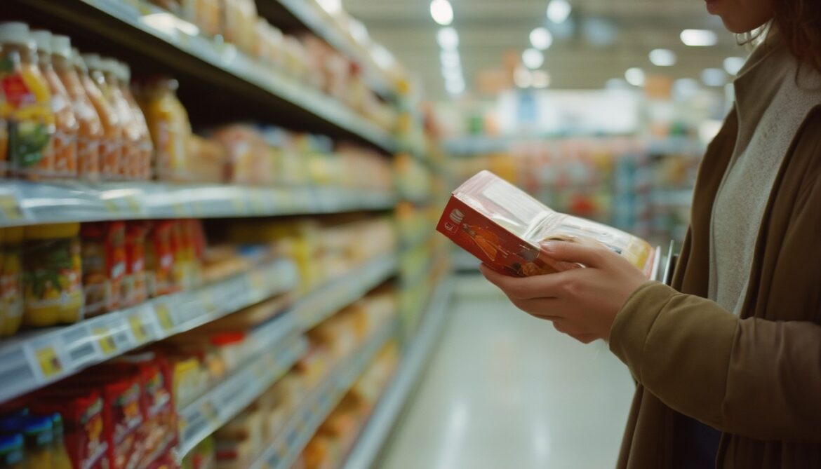 Person hält im Supermarkt eine Lebensmittelverpackung und liest die Angaben auf der Rückseite