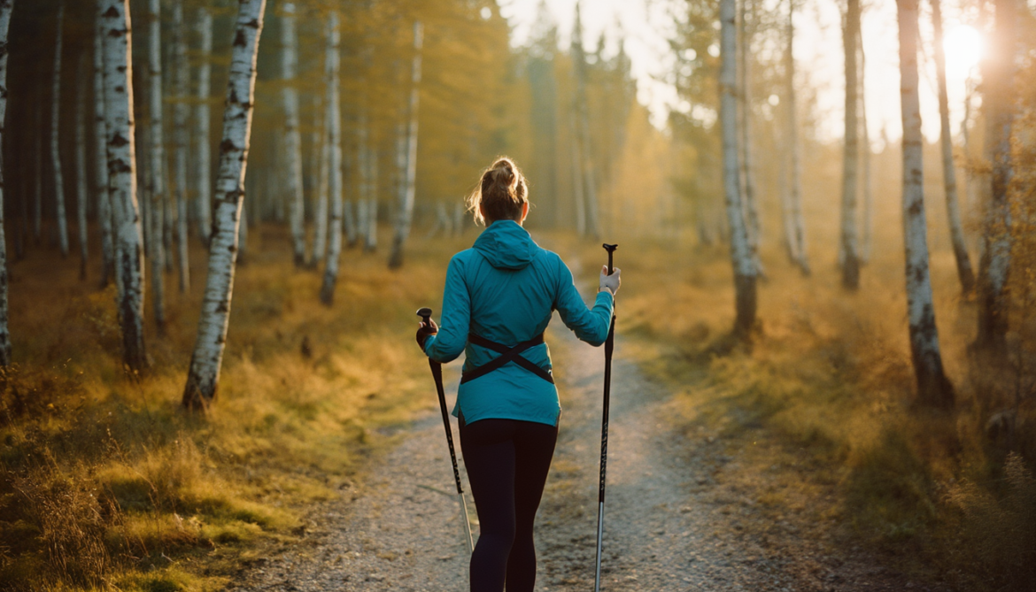 Frau beim Nordic Walking auf einem Waldweg, Stöcke schräg nach hinten abgedrückt, Hand am hinteren Punkt geöffnet