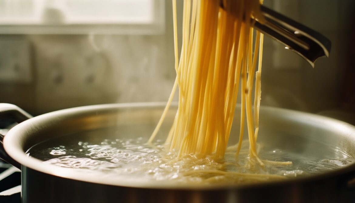 Spaghetti werden mit einer Zange aus einem großen Topf mit sprudelnd kochendem Salzwasser gehoben