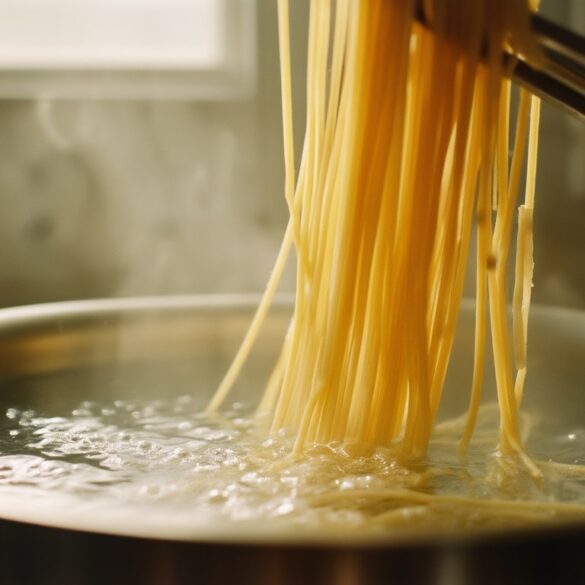 Nudeln richtig kochen: al dente und die richtige Wassermenge Spaghetti werden mit einer Zange aus einem großen Topf mit sprudelnd kochendem Salzwasser gehoben