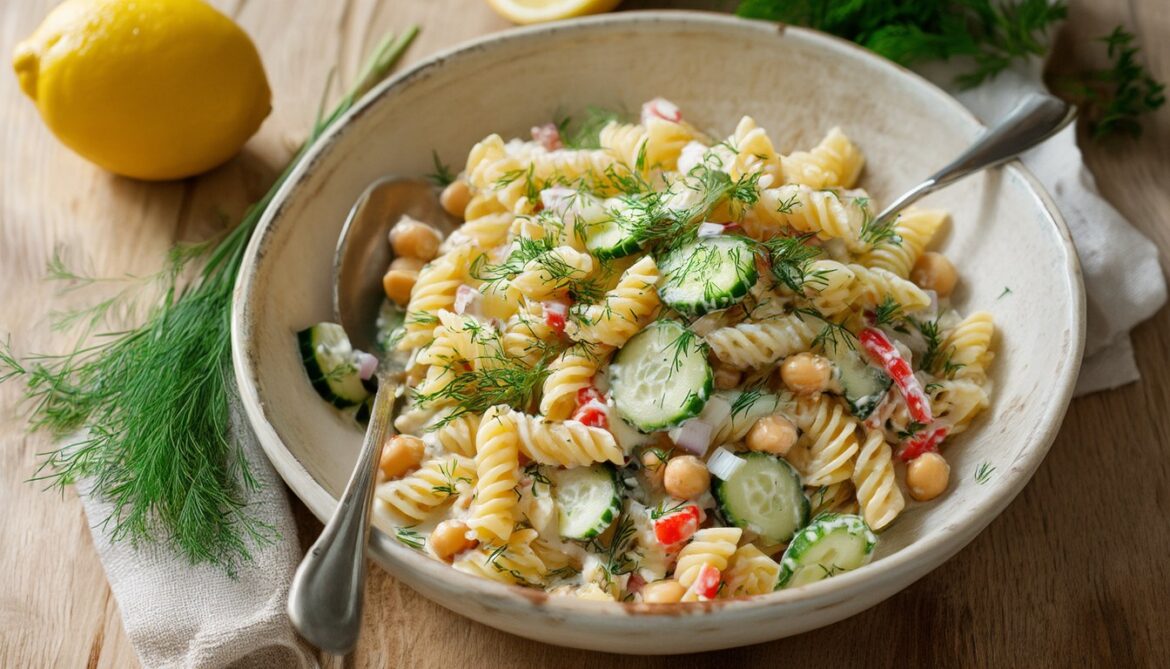 Nudelsalat mit Kichererbsen, Gurke und Paprika in heller Schüssel, mit Joghurtdressing und frischem Dill bestreut