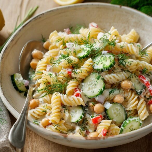 Nudelsalat mit Kichererbsen, Gurke und Paprika in heller Schüssel, mit Joghurtdressing und frischem Dill bestreut