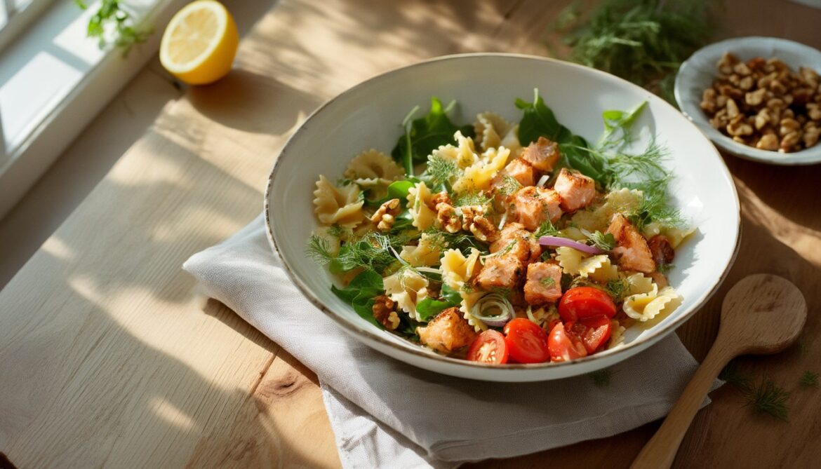 Nudelsalat mit Lachs und Walnüssen in einer weißen Schüssel mit Cherrytomaten, Rucola und Zitronendressing