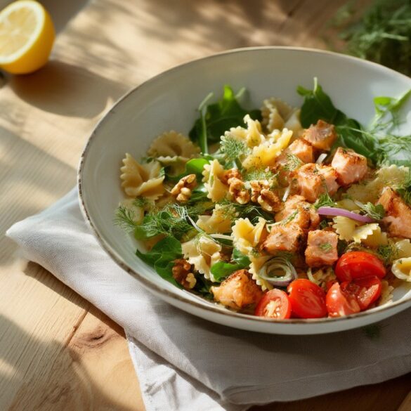 Nudelsalat mit Lachs und Walnüssen in einer weißen Schüssel mit Cherrytomaten, Rucola und Zitronendressing