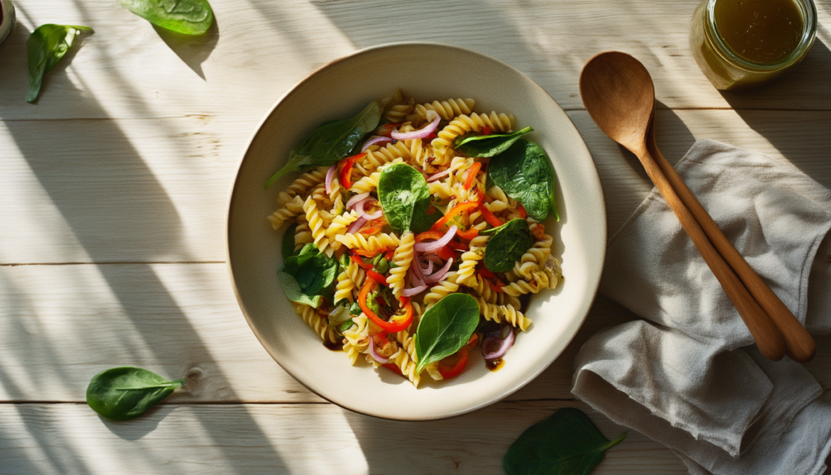 Nudelsalat mit Spinat und Paprika in einer flachen Keramikschüssel, daneben Salatbesteck und frische Babyspinatblätter auf einem hellen Holztisch