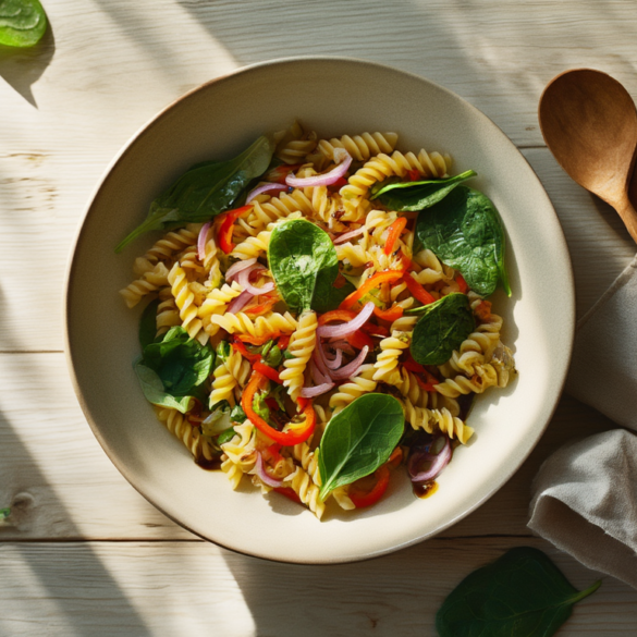 Nudelsalat mit Spinat und Paprika in einer flachen Keramikschüssel, daneben Salatbesteck und frische Babyspinatblätter auf einem hellen Holztisch