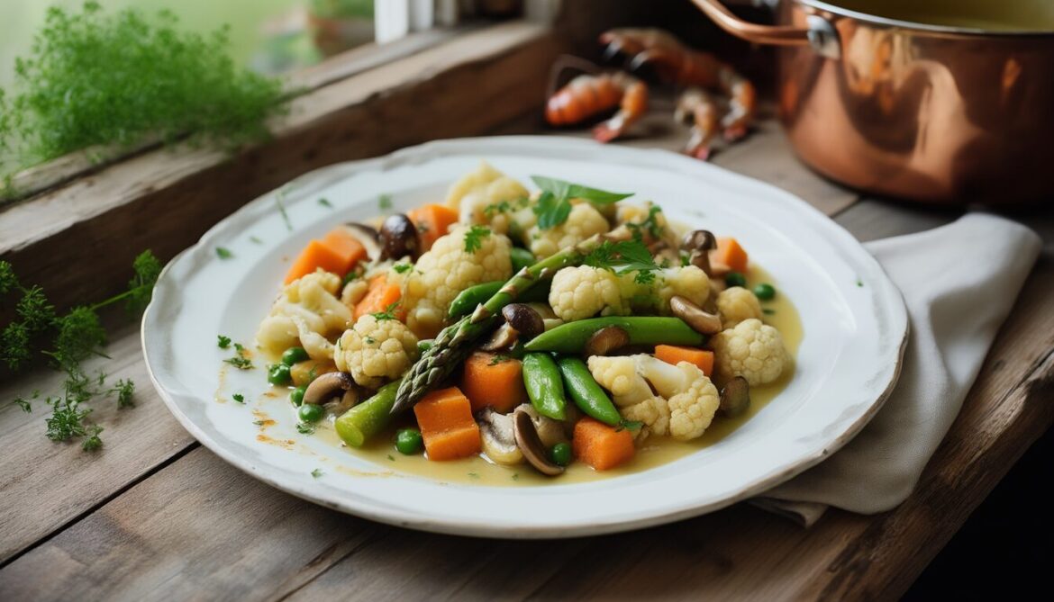 Original Leipziger Allerlei mit Flusskrebsschwänzen, Morcheln, jungem Gemüse und Grießklößchen in heller Buttersauce auf weißem Teller