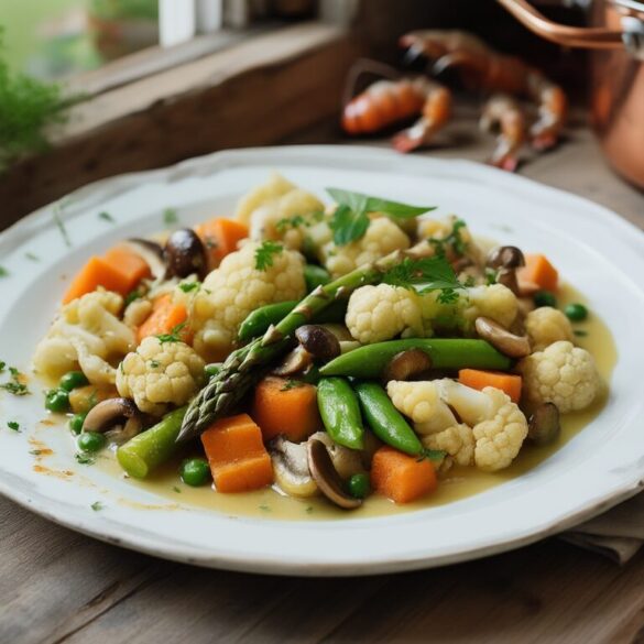 Original Leipziger Allerlei mit Flusskrebsschwänzen, Morcheln, jungem Gemüse und Grießklößchen in heller Buttersauce auf weißem Teller