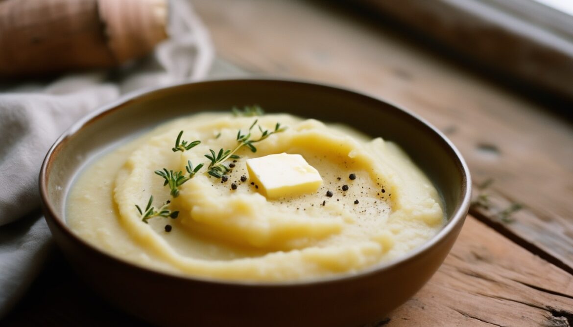 Cremiges Pastinakenpüree in einer hellen Schale, garniert mit Thymian und einem Stück schmelzender Butter