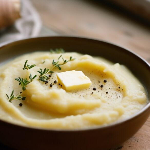 Cremiges Pastinakenpüree in einer hellen Schale, garniert mit Thymian und einem Stück schmelzender Butter