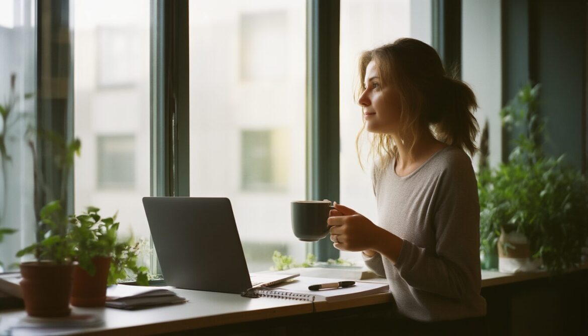 Frau steht mit einer Tasse am Bürofenster und macht eine kurze Pause, der Laptop auf dem Schreibtisch ist zugeklappt