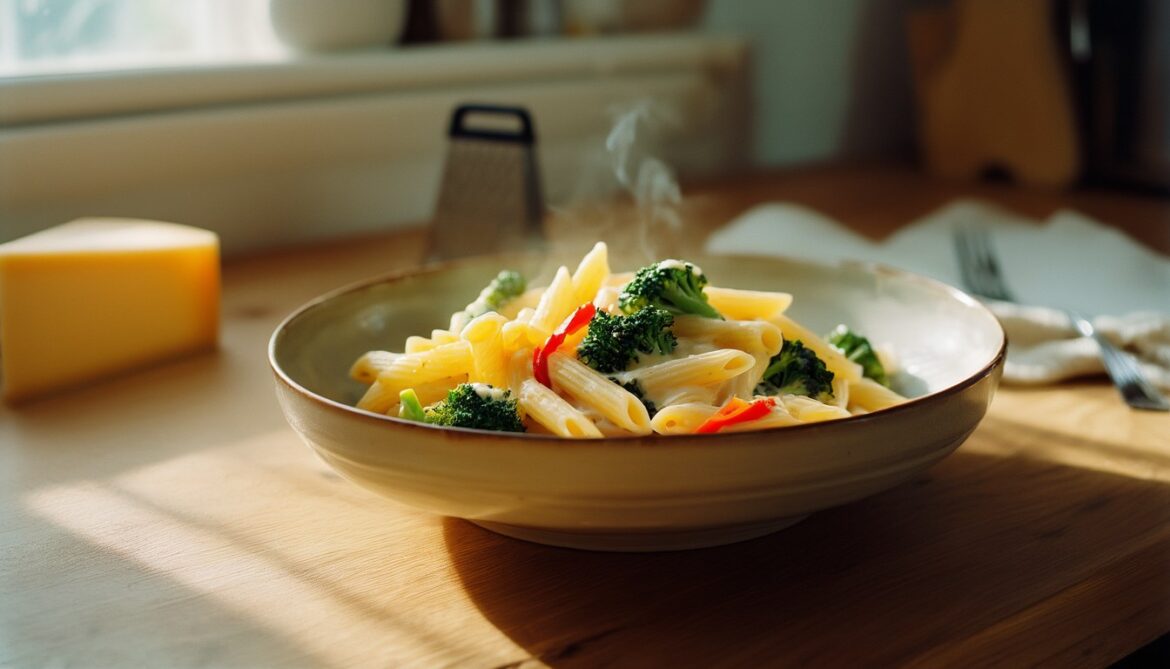 Schale Penne mit Brokkoliröschen und roten Paprikastreifen in cremiger Käse-Sahne-Soße auf einem hellen Holztisch