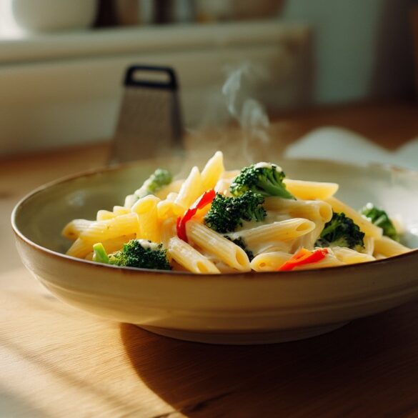 Schale Penne mit Brokkoliröschen und roten Paprikastreifen in cremiger Käse-Sahne-Soße auf einem hellen Holztisch