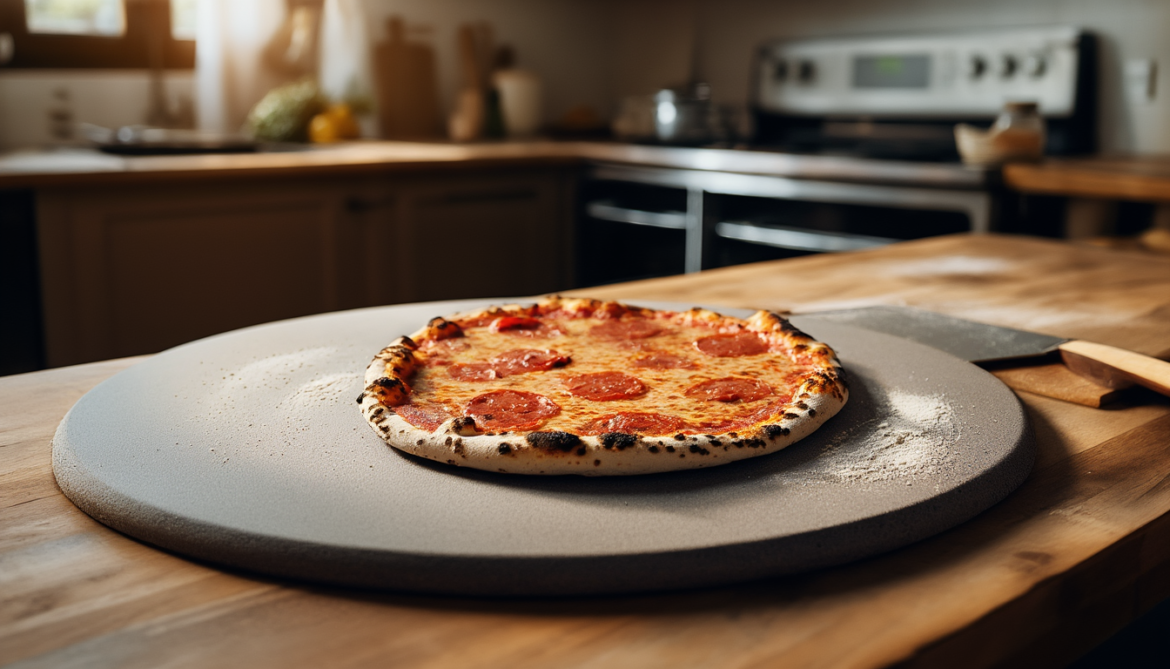 Runder Cordierit-Pizzastein mit frisch gebackener Pizza auf einer Holzarbeitsplatte vor einem offenen Backofen, daneben ein Pizzaschieber aus Holz