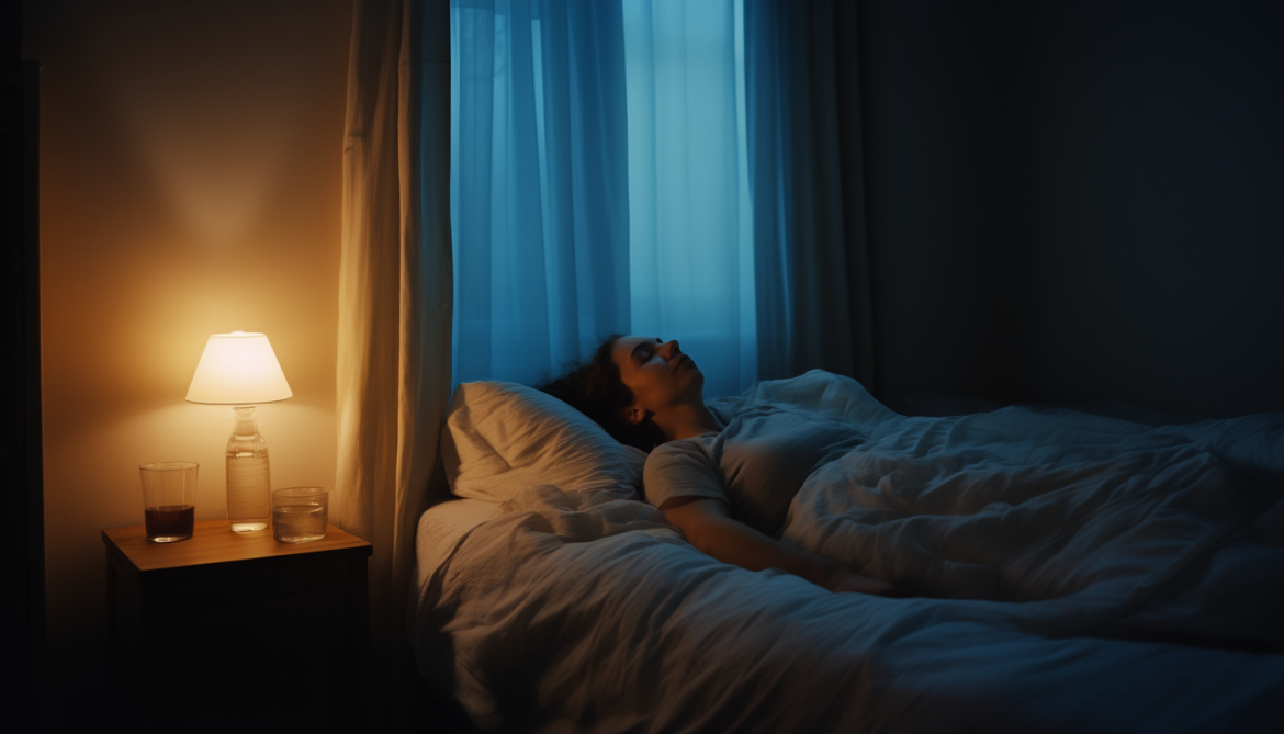 Frau liegt entspannt auf dem Rücken im abgedunkelten Schlafzimmer und übt progressive Muskelentspannung zum Einschlafen