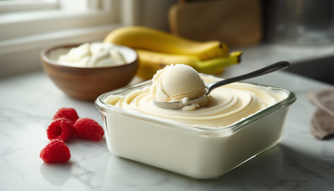 Cremiges selbst gemachtes Proteineis ohne Eismaschine in einer flachen Gefrierdose, daneben Eisportionierer, Himbeeren und eine reife Banane