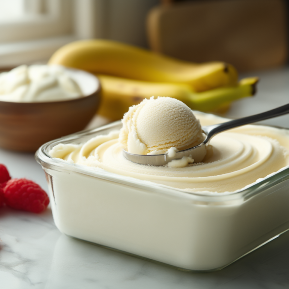 Proteineis ohne Eismaschine selber machen: cremig in 4 Schritten Cremiges selbst gemachtes Proteineis ohne Eismaschine in einer flachen Gefrierdose, daneben Eisportionierer, Himbeeren und eine reife Banane