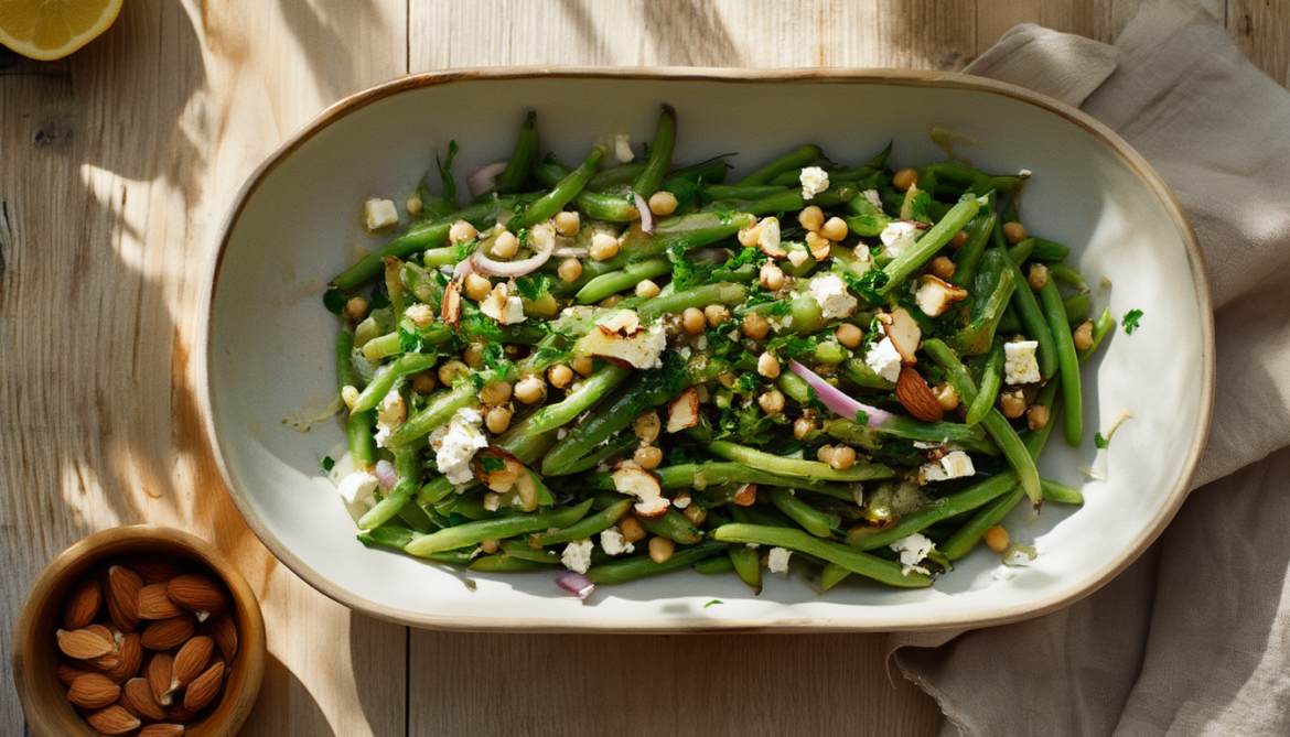 Grüner Bohnensalat mit Kichererbsen, Feta, roten Zwiebelringen und gerösteten Mandeln in einer flachen Schüssel auf einem Holztisch