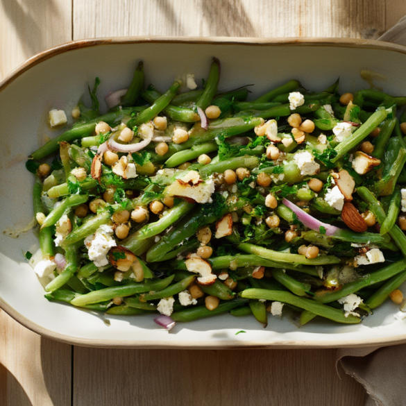 Proteinreicher Bohnensalat mit Kichererbsen und Feta Grüner Bohnensalat mit Kichererbsen, Feta, roten Zwiebelringen und gerösteten Mandeln in einer flachen Schüssel auf einem Holztisch