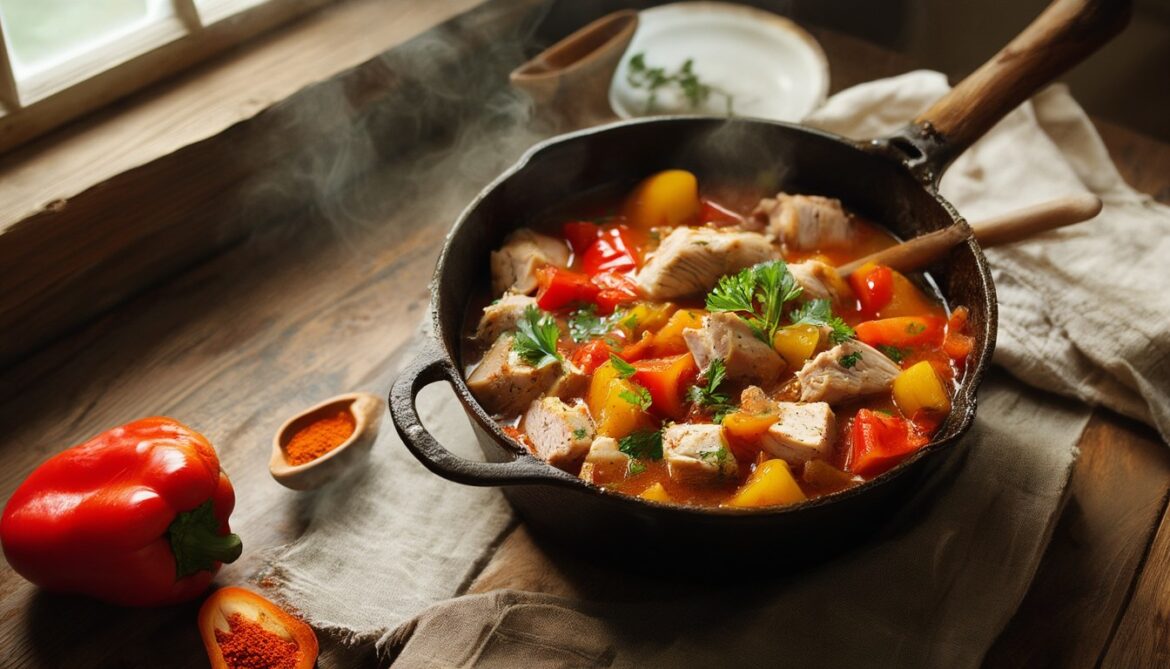 Puteneintopf mit Gemüse im gusseisernen Topf: Putenwürfel, rote und gelbe Paprika in Tomatensud mit Petersilie