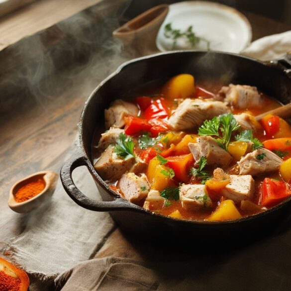 Puteneintopf mit Gemüse im gusseisernen Topf: Putenwürfel, rote und gelbe Paprika in Tomatensud mit Petersilie