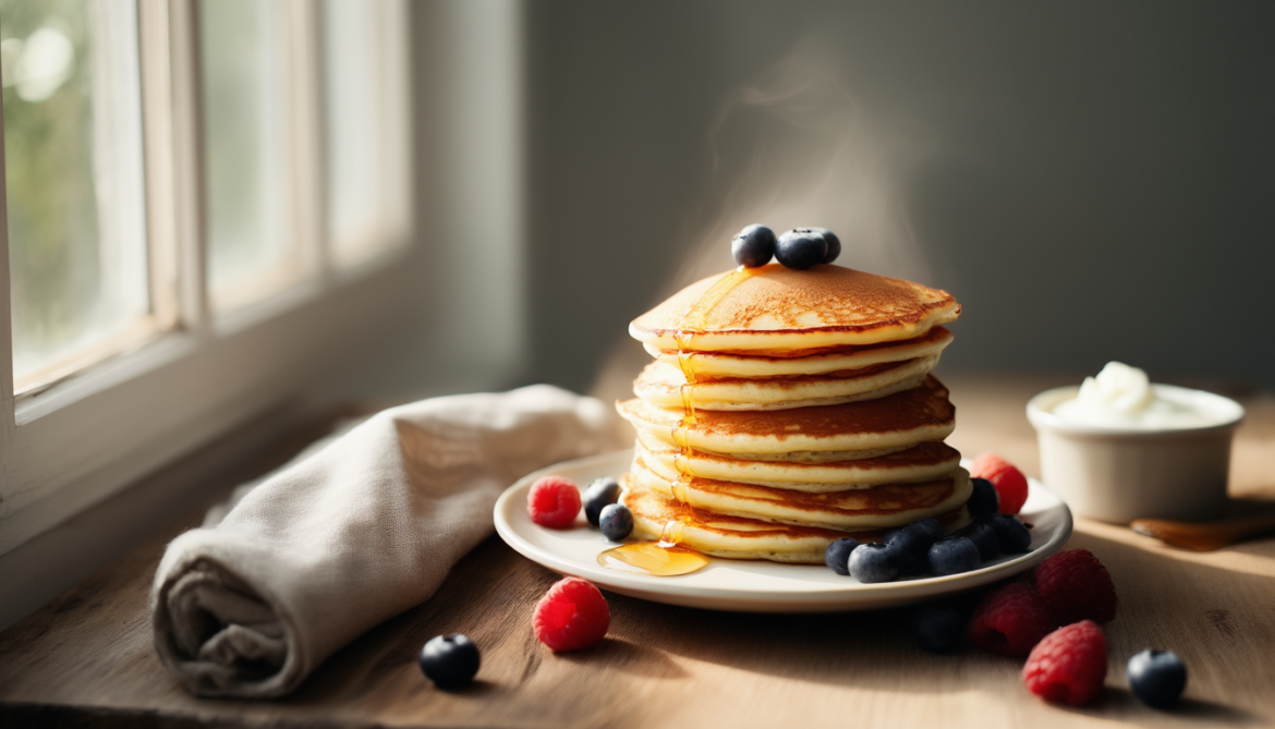Stapel fluffiger Quark Pancakes mit frischen Beeren und Honig auf hellem Teller