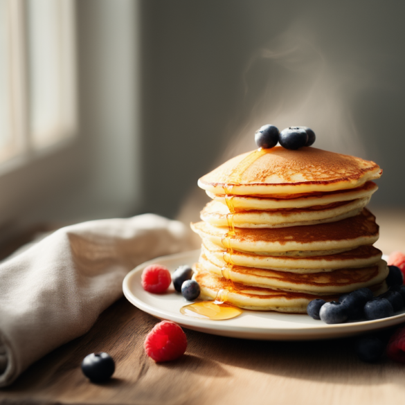 Quark Pancakes: fluffiges Frühstück mit Quark in 15 Minuten Stapel fluffiger Quark Pancakes mit frischen Beeren und Honig auf hellem Teller