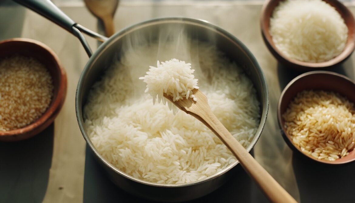 Locker gekochter Langkornreis in einem Topf, mit einer Gabel aufgelockert, daneben Schälchen mit rohem Basmati- und Naturreis