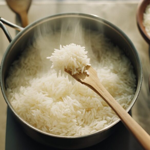 Locker gekochter Langkornreis in einem Topf, mit einer Gabel aufgelockert, daneben Schälchen mit rohem Basmati- und Naturreis