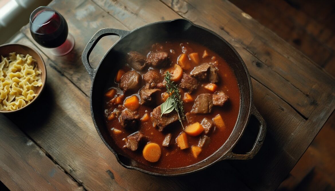 Pfälzisches Wildschweingulasch mit Rotweinsauce, Wurzelgemüse und Thymian in einem gusseisernen Schmortopf